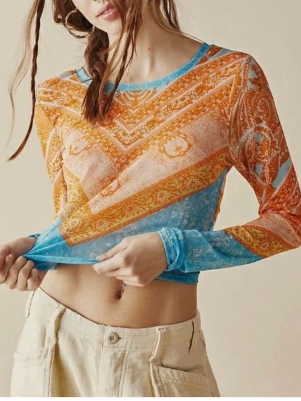 Free People Sheer Long-Sleeve Bandana Print Top in Turquoise and Orange